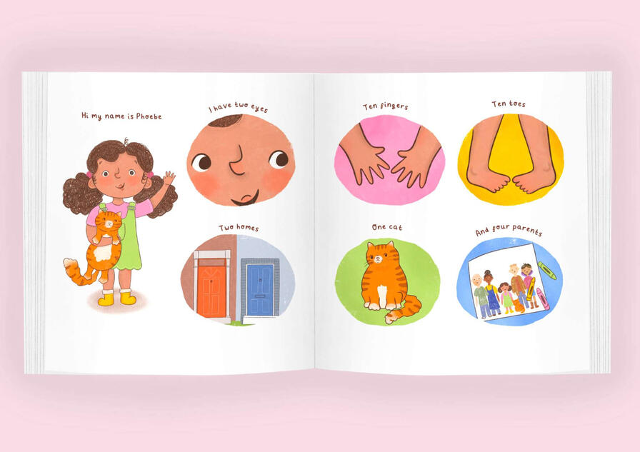 This illustration is a double-page spread out of a children’s picture book I wrote and illustrated about blended families. The book was called My Four Parents and it explores the idea of a child walking you through her life having four parents raising her.