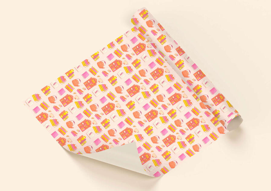 A mock-up wrapping paper of a bookish illustrated repeat pattern.
