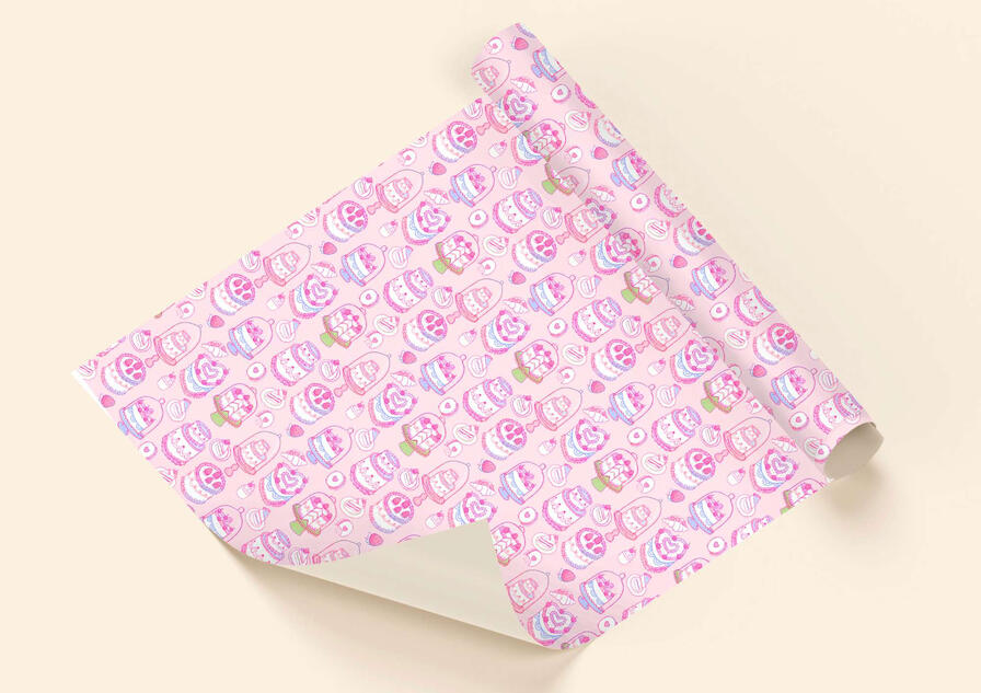 A mock-up wrapping paper of decorative cakes and baked goods illustrated repeat pattern.