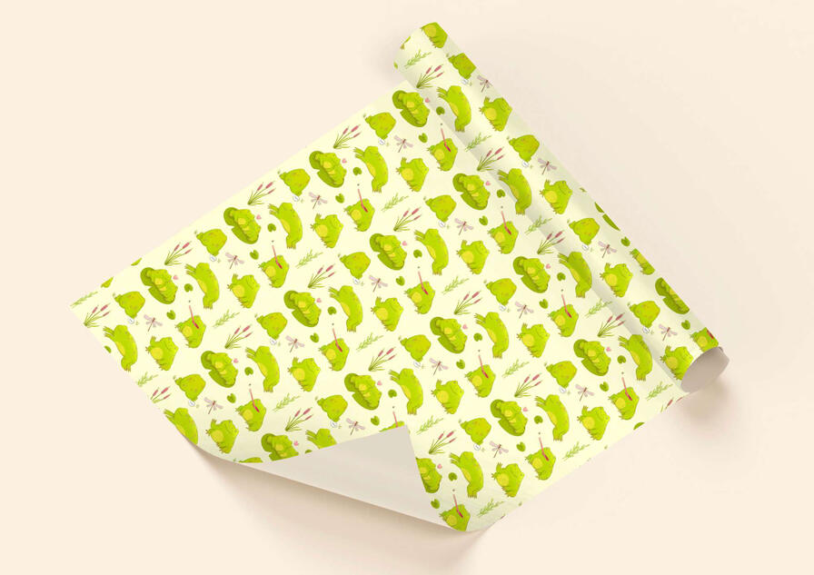 A mock-up wrapping paper of a frog illustrated repeat pattern.