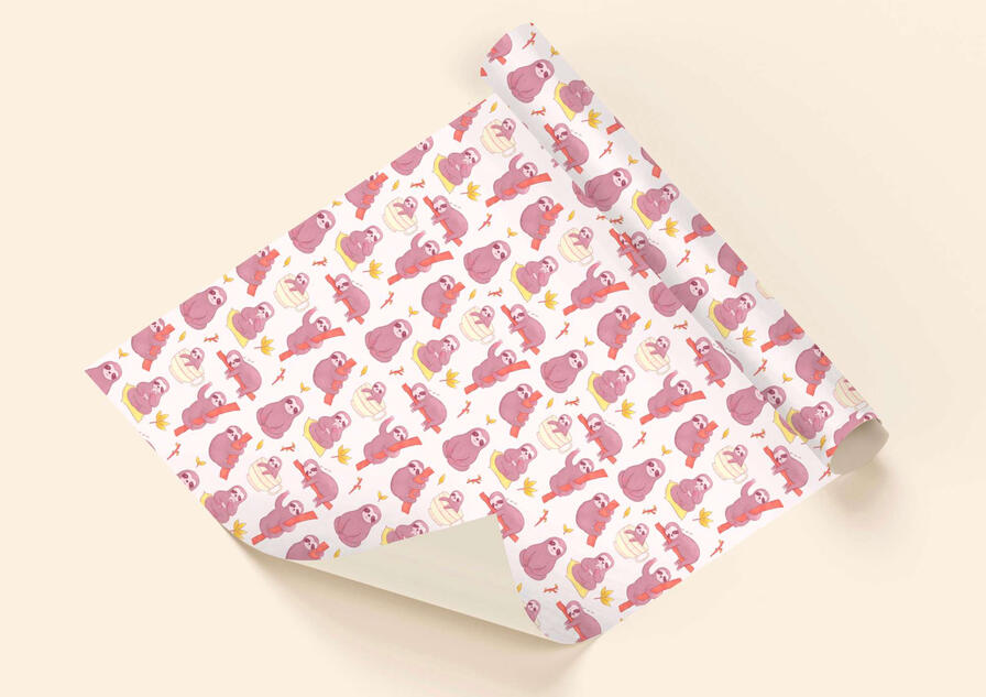 A mock-up wrapping paper of an illustrated sloth repeat pattern.