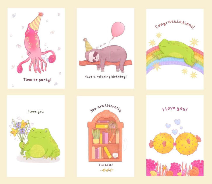 Illustrated greetings cards.