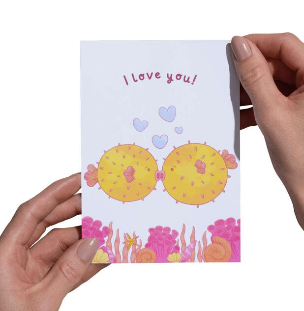 A mock-up of my puffer fish greetings card.